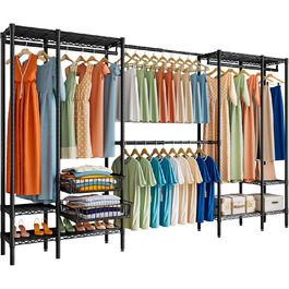 Важкий металевий вішак для одягу, розширюваний відкритий шафа для одягу з 2 висувними кошиками, (249-297) x 40 x 192 см (Чорний)