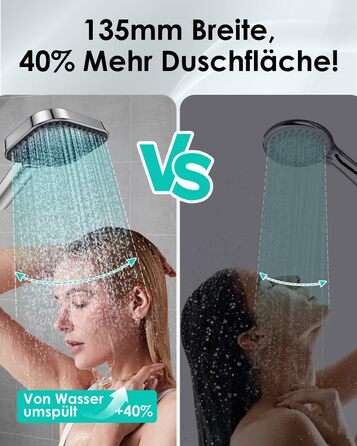 Економний душовий насадок з діаметром 135 мм, ручна лійка з антинакипною функцією, силікон харчового класу, економія води 43%, AirMix, 3 режими, хром (без шланга)