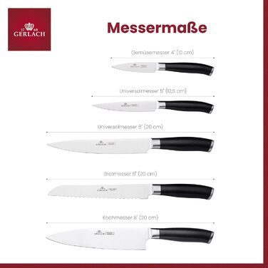 Gerlach Deco Black Knife Block Set - 5-Piece Stainless Steel Kitchen Knife Set with Wooden Block