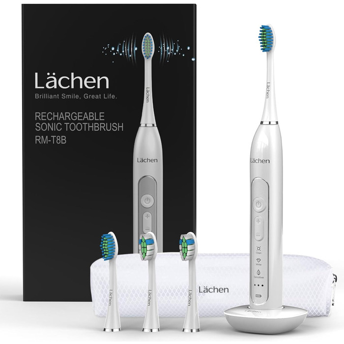 Електрична звукова зубна щітка Lächen Sonic RM-T8B з 4 насадками, таймером, 3 режимами та 3 рівнями вібрації, білий