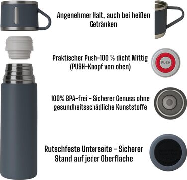 Термофляга 500 мл з нержавіючої сталі – 2 чашки з ручкою – не протікає, BPA-free – з щіткою для чищення – сірий колір
