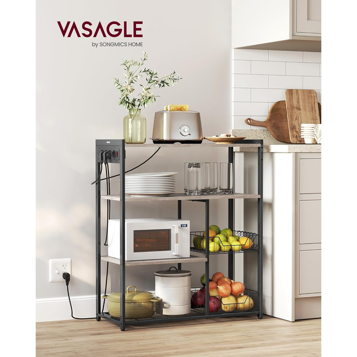 Стелаж кухонний VASAGLE з розетками, 2 металеві кошики, гачки, полиці, 35 x 80 x 93,5 см, індустріальний дизайн, vintagebrown-tintenschwarz