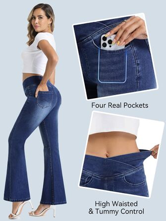 Жіночі джинси Bootcut VX VONXURY з високою посадкою, темно-сині, еластичні, розкльошені, 4 кишені, на кожен день та в офіс, розмір 31