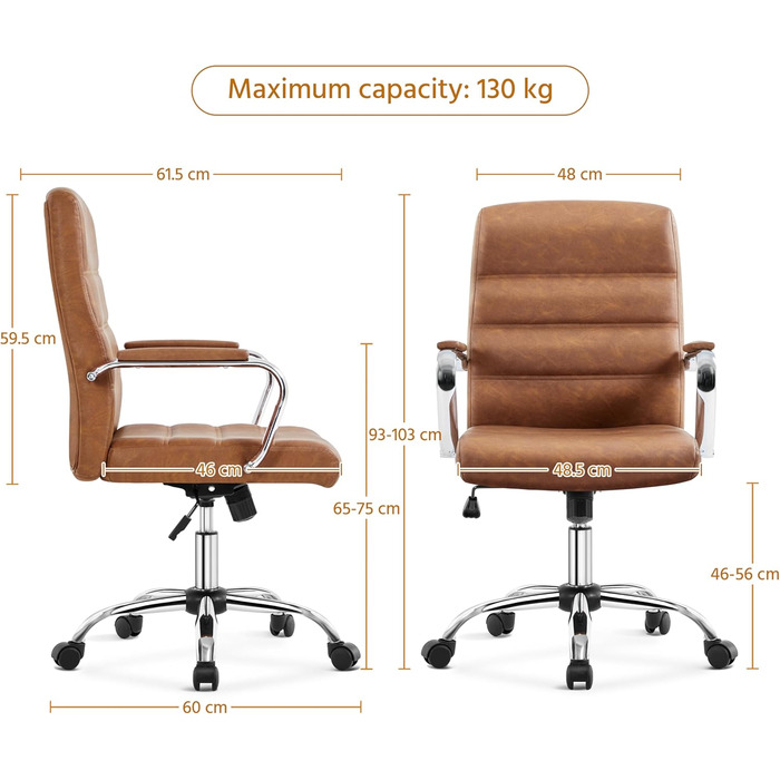 Офісне крісло Yaheetech ергономічне, з підлокітниками та роликами, для офісу та дому, витримує до 130 кг, колір - іржаво-коричневий
