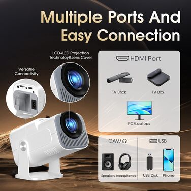 Портативний проєктор Mini Beamer 4K FHD (1920x1080) з Wi-Fi, Bluetooth та Android/iOS підтримкою для домашнього кінотеатру, білий