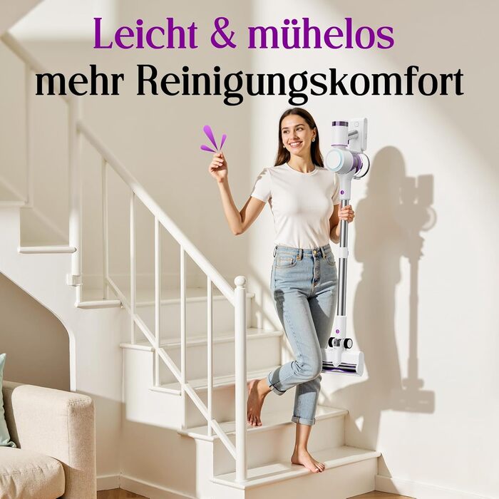 Бездротовий акумуляторний пилосос 45000 Па, 60 хв, 1.75 кг, 6-в-1 з сенсорним екраном, LED-підсвічуванням, антизаплутувальною насадкою та зарядною станцією, 7-шарова фільтрація для шерсті тварин, килимів, твердих поверхонь, авто, білий з фіолетовим