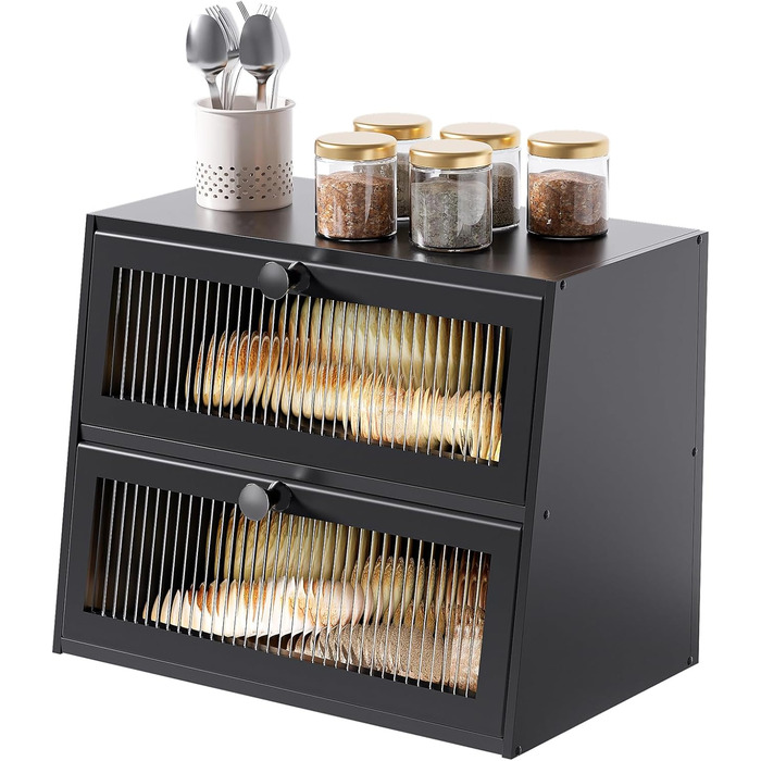 Дерев'яний бротокс для кухні, великий, 2-ярусний, з акриловим вікном (чорний)