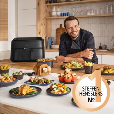 Philips Dual Basket Airfryer 3000 Series, 9L, 2 Drawers, Sync Function, Rapid Air Technology, Versatile Large Hot Air Fryer, 90% Less Fat and Energy Saving, HomeID App (NA350/00)