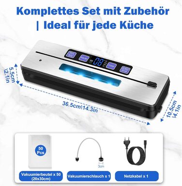 Вакуумний упаковник KLGFI 7-в-1: професійний, з подвійною зварювальною лінією, з різаком та цифровим таймером, комплект з 50 пакетами, срільно-чорний