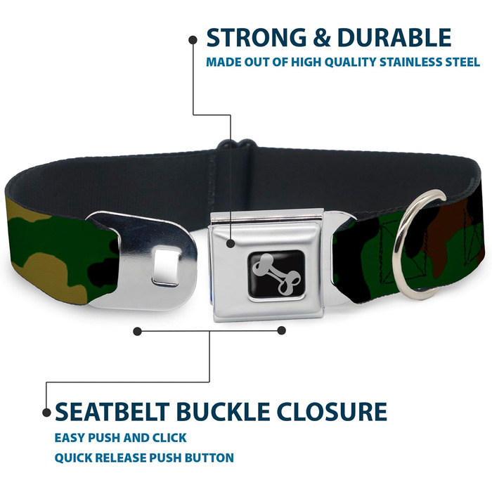 Нашийник для собак Buckle-Down Seatbelt Buckле - Камуфляж Оливковий - Ширина 1 дюйм - Розмір M (11-17 дюймів)