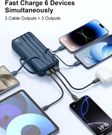 Портативний зарядний Power Bank 20000mAh з LED дисплеєм, 6 виходів, 2 входи, 22.5W, сумісний з iPhone, Samsung, Pixel, темно-синій