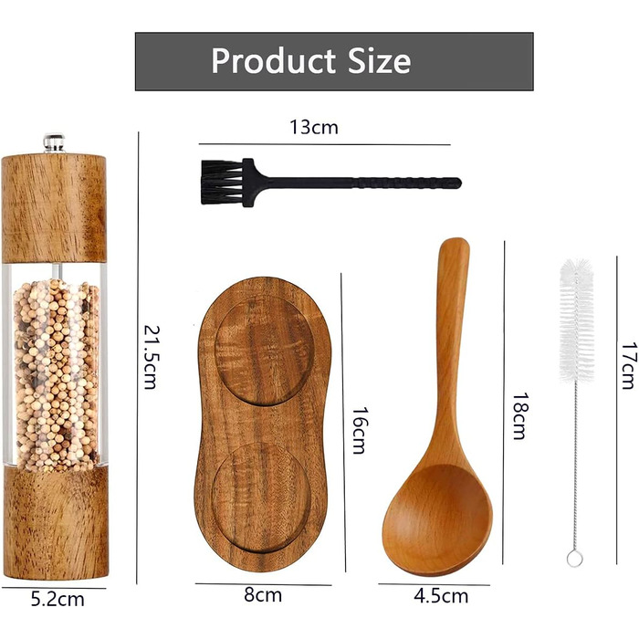 Salt and Pepper Grinder Set of 2 with Coasters, Manual Pepper Grinder, Wooden Salt Grinder, Adjustable Ceramic Grinder for Spices, Pepper, Salt, Height: 21.5 cm