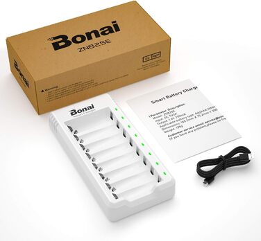 Зарядний пристрій BONAI для акумуляторів AA AAA NI-MH з LED-дисплеєм, USB, швидка зарядка, 8 слотів