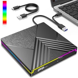 Зовнішній DVD-привід з RGB-підсвіткою, USB 3.0 та Type-C, CD/DVD+/-RW записувач та плеєр для PC, Laptop, MacBook (Windows, macOS, Linux)