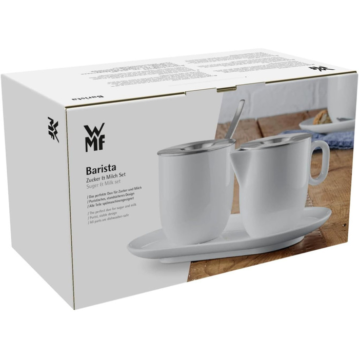 WMF Barista Sugar Bowl & Cream/Milk Pitcher Set - 130ml & 170ml - Porcelain with Lids and Saucers - Dishwasher Safe