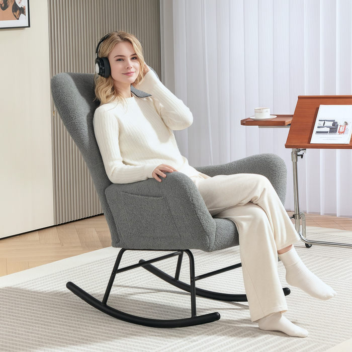 HOMCOM Rocking Chair, Rocking Armchair with Teddy Fabric Look, Armrests, Still Chair with Wooden Skids, Lumbar Pillow, Relax Chair with Side Pocket for Living Room, Bedroom, Grey | Aosom