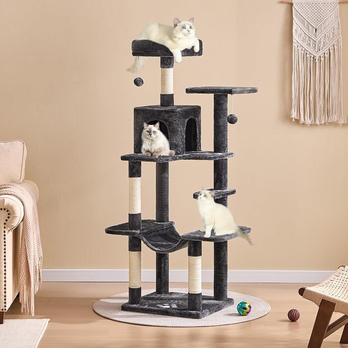 Кігтеточка для котів MSmask велика, багатоповерхова з платформами, печерами та гамаком, обтягнута сизалем (темно-сіра)