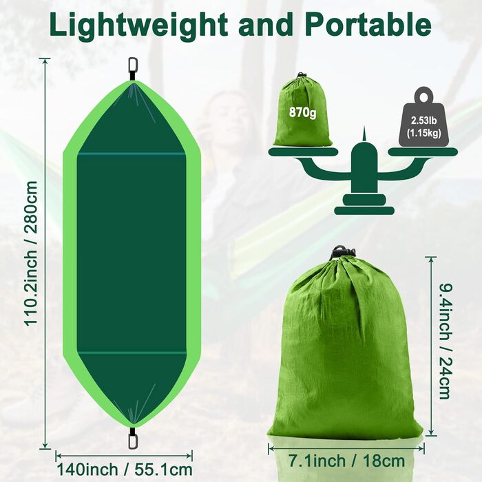 Гамак для кемпінгу Outdoor, легкий, портативний, з двома стропами для дерев, нейлон, 280*140 см (темно-зелений)