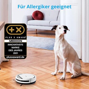 Робот-пилосос MEDION E32 SW з функцією миття підлоги (2в1) | Для твердих поверхонь, видалення шерсті тварин, підходить для алергіків | З пультом дистанційного керування, станція зарядки | Модель 2021 | Час роботи: 120 хв