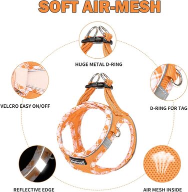 Нашийник для собак та котів, маленьких порід, з повідком, відбиваючий, дихаючий, анти-тяга, безпечний, помаранчевий (L)