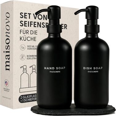MaisoNovo Soap Dispenser Set - Soap Dispenser Kitchen - 500 ml Amber Bottles, Black Pumps, Glass Pump Dispenser, Soap Dispenser Set, 2-Piece Set and Concrete Tray - Dish Soap Dispenser Kitchen (Black Glass / Black Pump + Slate Tray)