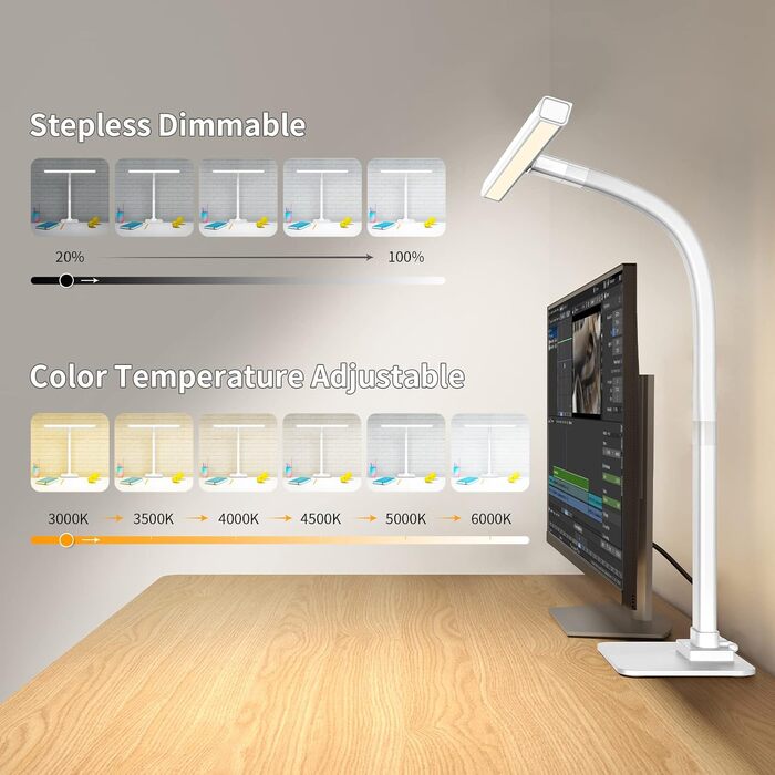 LED лампа настільна EppieBasic з регулюванням яскравості, 12W, для офісу та дому, захист очей, 6 кольорів, автоматичне регулювання білого світла