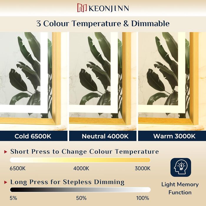 Дзеркало для ванної кімнати Keonjinn з підсвічуванням, чорний металевий каркас 60x80 см, LED, антизапар, сенсорне керування, 3 кольори світла, регулювання яскравості, пам'ять, настінне дзеркало