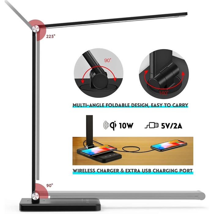 Настільна LED лампа BIENSER 20W з бездротовою зарядкою та USB-портом, 10 рівнів яскравості, 5 режимів світла, таймером та функцією пам'яті, чорна
