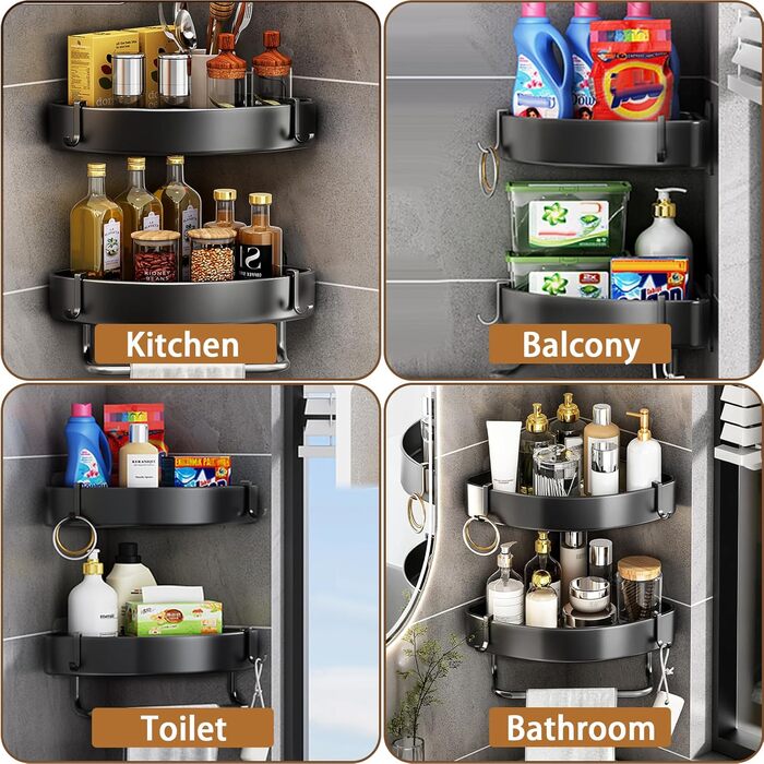 Поличка для душу з 2 рівнями, кутова, без свердління, з нержавіючої сталі, з тримачем для рушників та 2 гачками, чорна, для ванної, кухні, туалету