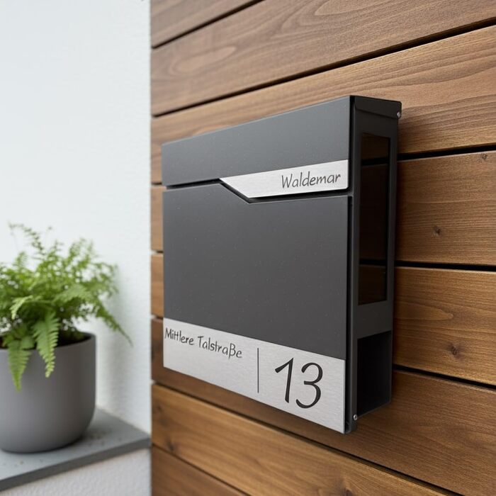 Поштовий ящик Metzler® з газетницею та табличкою з нержавіючої сталі V2A, стійкий до іржі, сучасний дизайн, 10 років гарантії на запчастини, опції монтажу та аксесуари, колір Eisenglimmer Db 703