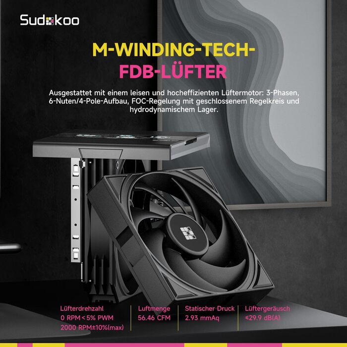Кулер для процесора Sudokoo SK620V AM5: двосекційний башта (Dual Tower) з цифровим дисплеєм, 6 тепловими трубками та 2 PWM FDB вентиляторами 120мм