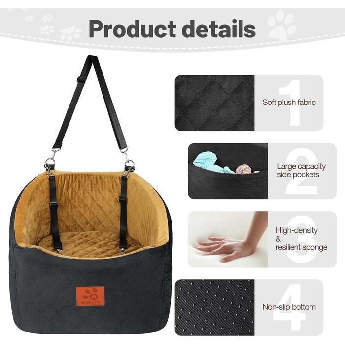 Автокрісло для собак HEGGOOE: комфортне та безпечне автоліжко для маленьких та середніх собак, з пам'яті ефекту, знімний дизайн, з кишенями та страхувальними ременями (чорний/кава)