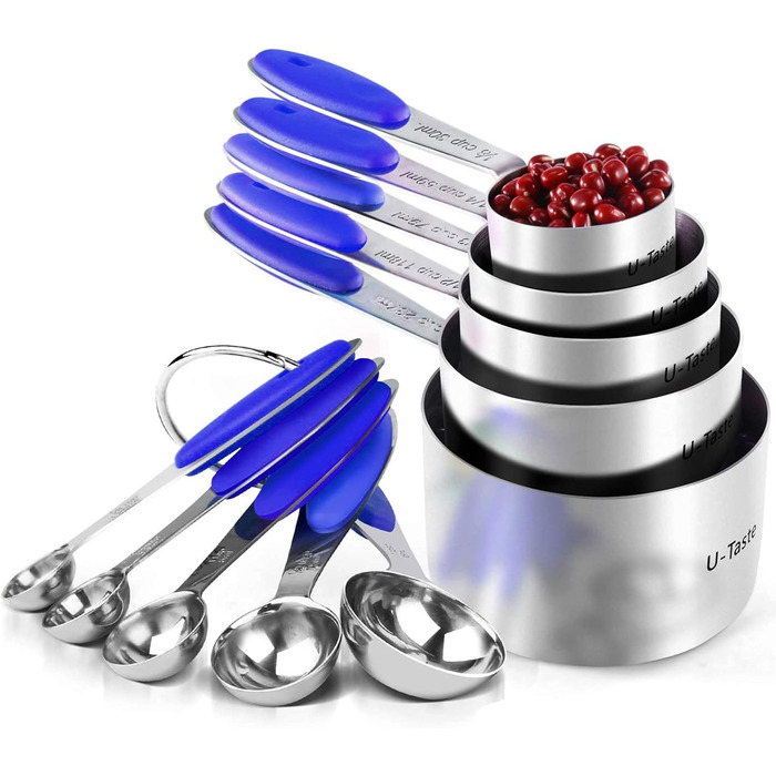 Measuring Cups: U-Shape 18/8 Stainless Steel Measuring Cups and Spoon Set with 10 Pieces, Thicker Handle, American (Blue)