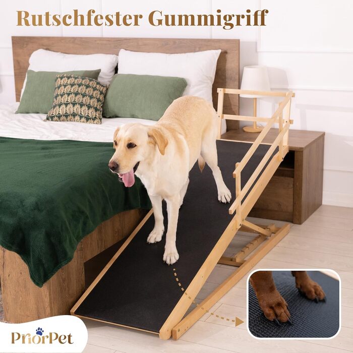 Східці для собак до ліжка з захисним бар'єром - для великих собак до 90 кг - регульована висота до 94.5 см - ширина 49.5 см - складаються - антиковзке покриття - з натурального дерева (бірча) - колір натуральний