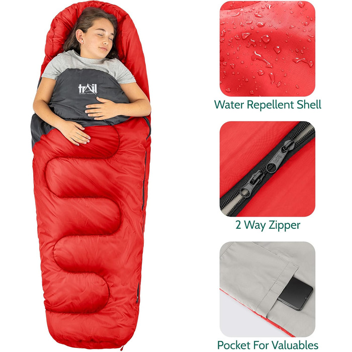 Дитячий спальний мішок Trail Mumienschlafsack 3 сезони для кемпінгу – 300gsm – червоний (для хлопчиків та дівчаток)