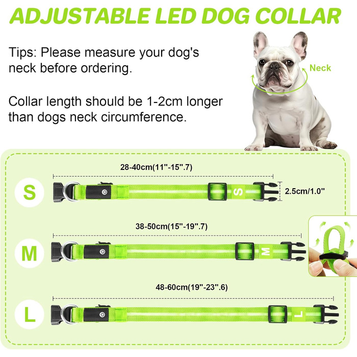 Світлодіодна нашийник для собак Feycig з USB-зарядкою - водонепроникний, регульований, 3 режими, для малих, середніх та великих собак (світло-зелений, M(38-50см))