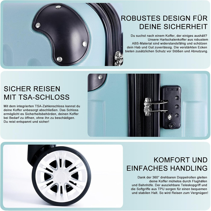 Набір валіз 3er - міцні валізи з ABS-корпусом, TSA-замок, розширюваний об'єм - M, L, XL, захист кутів, колеса на 360°, телескопічна ручка, підходить для ручної поклажі & штабелювання Green