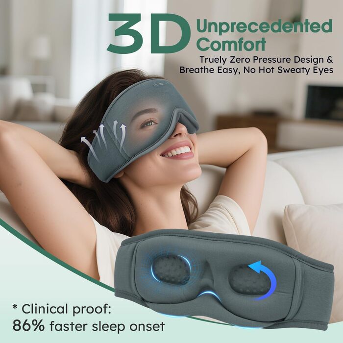 Маска для сну з навушниками Bluetooth Dolida, 3D бамбукова маска для очей, сіра. Бездротові навушники для сну для жінок та чоловіків з мікрофоном