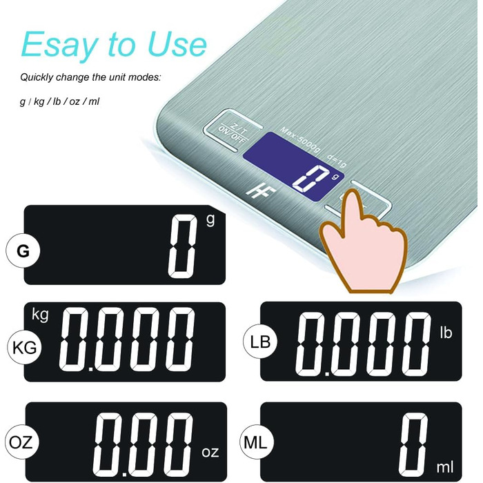 Кухонні ваги HomeFashion: високоточні, нержавіюча сталь, 5 кг, 1 г, LCD дисплей, функція тарування, 6 одиниць вимірювання, батарейки в комплекті