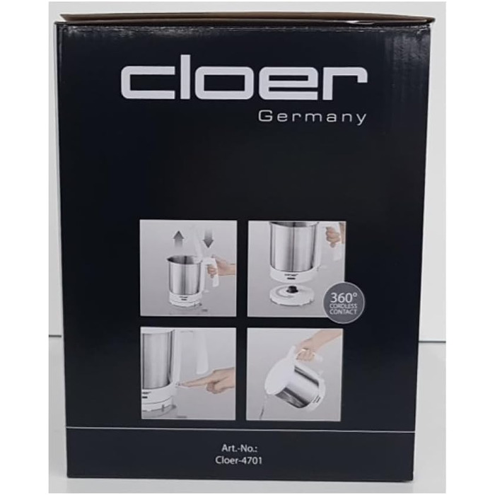 Електричний чайник Cloer 4701 з нержавіючої сталі, 1.5 л, 2200 Вт, з фільтром від накипу та захистом від перегріву, білий