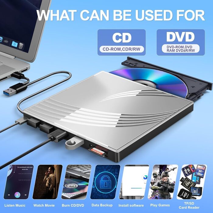 Зовнішній CD/DVD-RW привід USB 3.0, ультратонкий DVD-плеєр для ноутбука з 4 USB-портами, картридером SD/TF та роз'ємом Type-C, сумісний з Windows, macOS, Linux