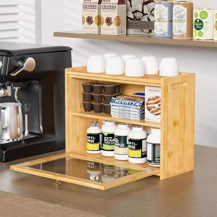 Бредониця з бамбука з вентиляцією, 2 полиці та великим оглядовим вікном, дерев'яний контейнер для хліба, безпечний для харчових продуктів, легкий у догляді, 40x31x17.5 см (EX-MBX01-2C-YUAN)