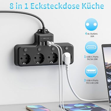 Багатофункціональна мережа з USB та вимикачем, 9 розеток, 2м кабель, кутова розетка, чорний колір, індивідуальне вмикання, для кухні та столу, монтаж на стіну