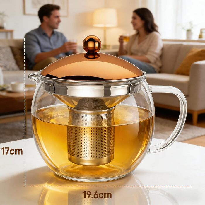 Скляний чайник Teekanne 1,5л з ситом із нержавіючої сталі та кришкою під мідь, заварник із боросилікатного скла для листового чаю