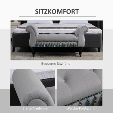 HOMCOM Bench, upholstered bench, ottoman, wooden bench made of polyester, rubber foam, grey, 117x40x58cm for living room & bedroom
