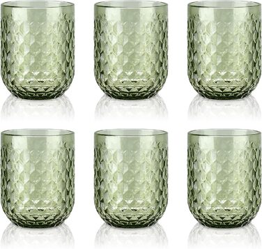 Joeyan 200ml Small Green Drinking Glasses Set of 6, Colorful Water Glasses Set with Diamond Embossed Design, Vintage Glasses Set for Home Restaurant Bar, Dishwasher Safe