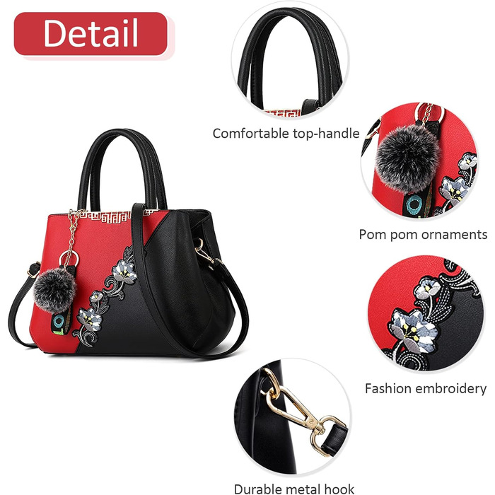 Сумка жіноча DIRRONA велика – сумка через плече та шопер з квітковою вишивкою та помпонами, червоний (Juwelenrot) для роботи, відпочинку, подорожей, вечірок та весіль