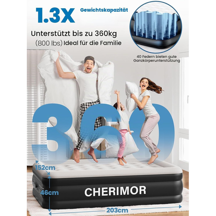 Самонадувний матрац CHERIMOR для дому та кемпінгу, 203x152x46 см, чорний, витримує до 220 кг, з сумкою для перенесення