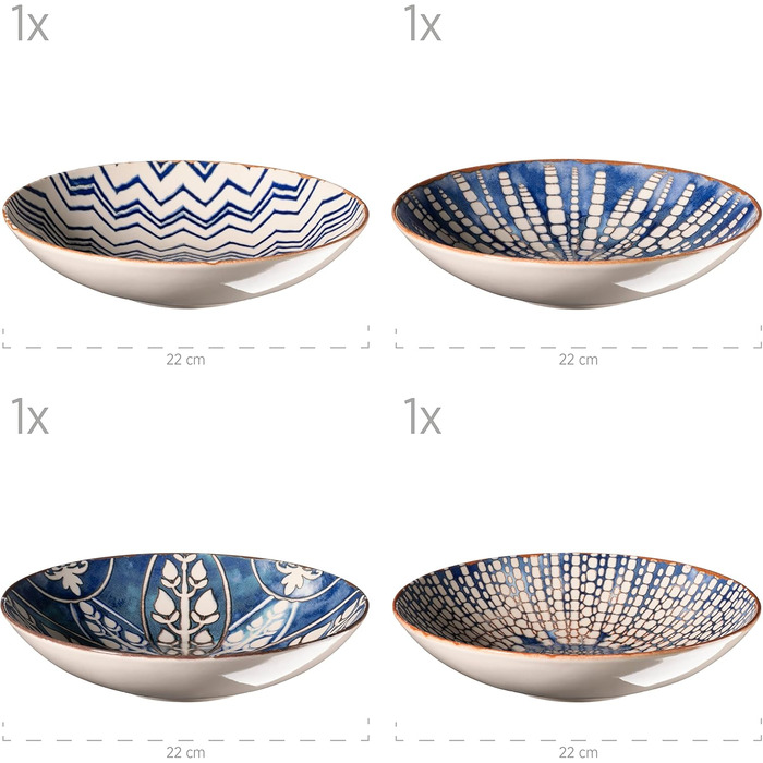 MÄSER 934017 Iberico Blue 12-piece tableware set for 4 people in Moorish style, plate set with various vintage patterns in white and blue, stoneware