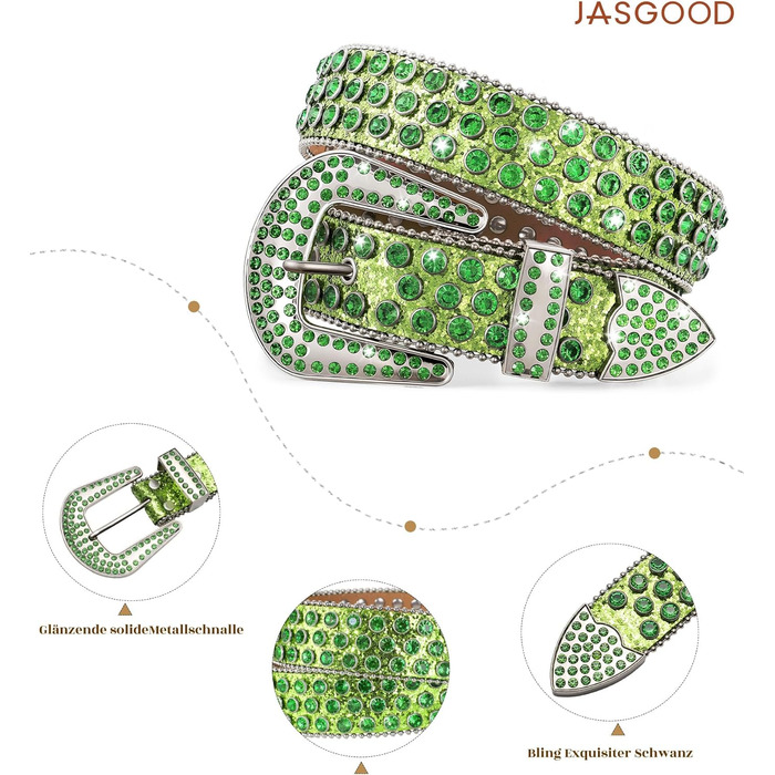 Жіночий шкіряний ремінь JasGood з камінням, стиль вестерн, ковбойський, з заклепками, для джинсів та штанів (Зелений, 135 см, підходить для розміру штанів 111-123 см)